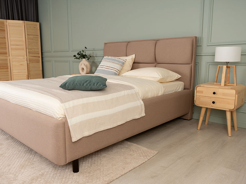 Кровать Malina 160x190 Ткань: Рогожка Тетра Имбирь - Изящная кровать без встроенного основания из массива сосны с мягкими элементами.