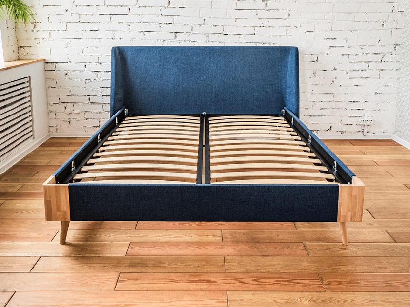 Кровать Lagom Side Soft 160x200 Ткань/Массив (бук) Лама Индиго/Масло-воск Natura (Бук) - Оригинальная кровать в обивке из мебельной ткани.