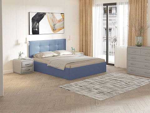 Синяя кровать Forsa - Универсальная кровать с мягким изголовьем, выполненным из рогожки.